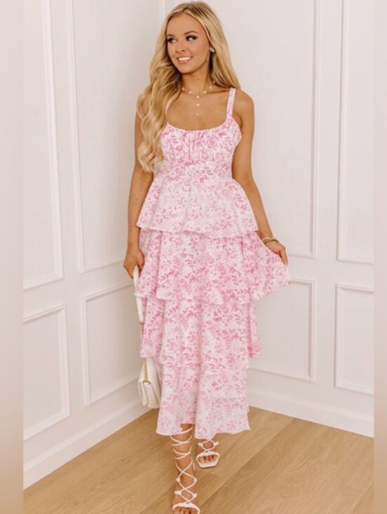 mine Dresses & Skirts - Nwot Medium Mine Pink Tiered Floral Ruffle Dress